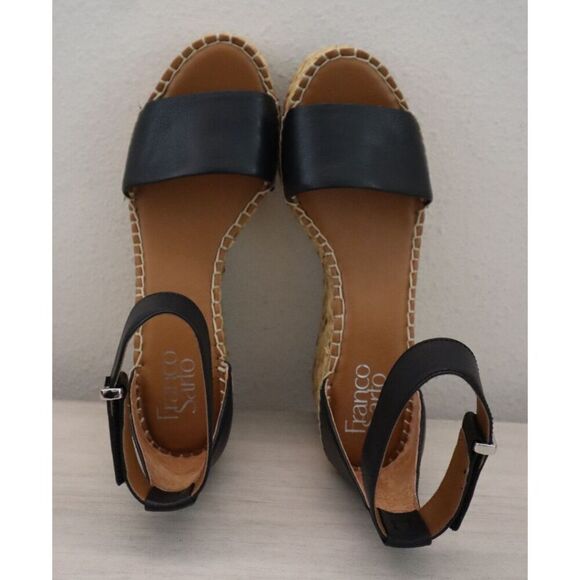 Franco Sarto WMN Sz 8M Black Leather Clemens Raffia Espadrille Wedge Sandals - Picture 2 of 12